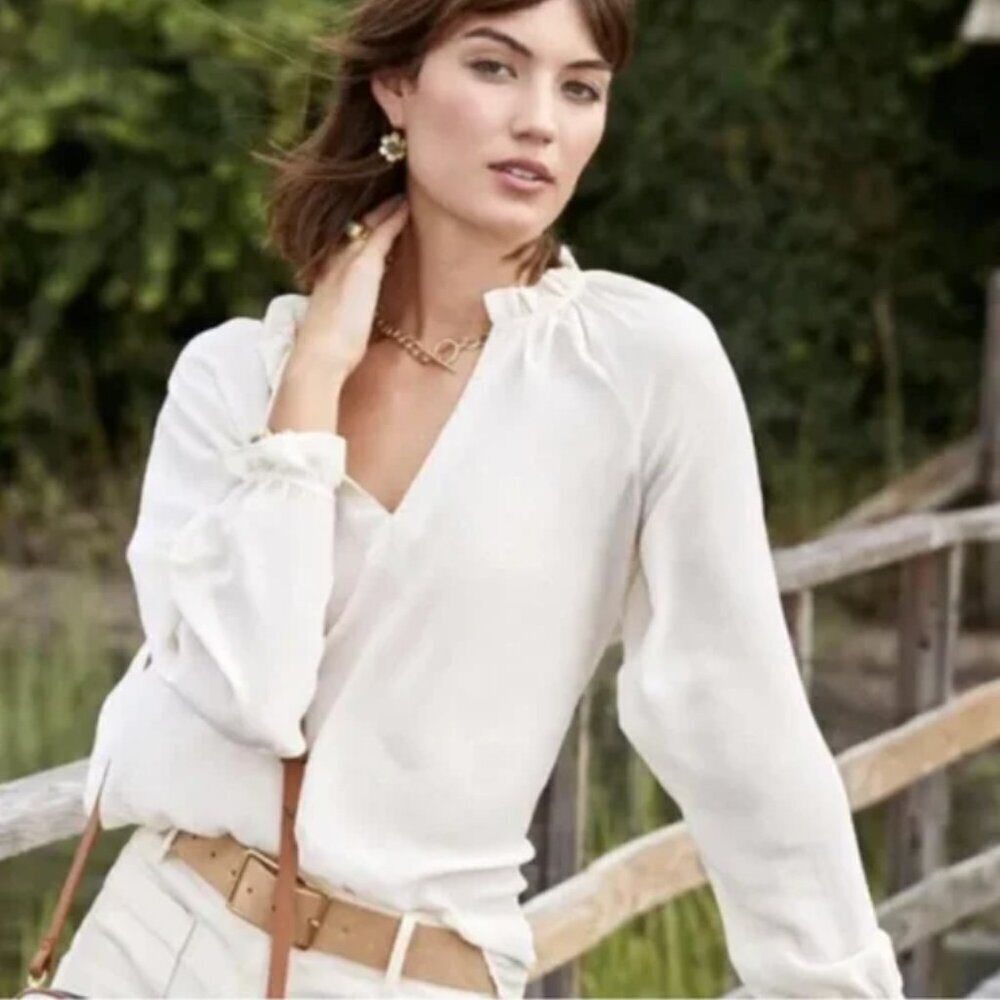 Spartina 449‎ Womens Sz Large Josette Silk Ruffle Blouse Buttercream Long Sleeve